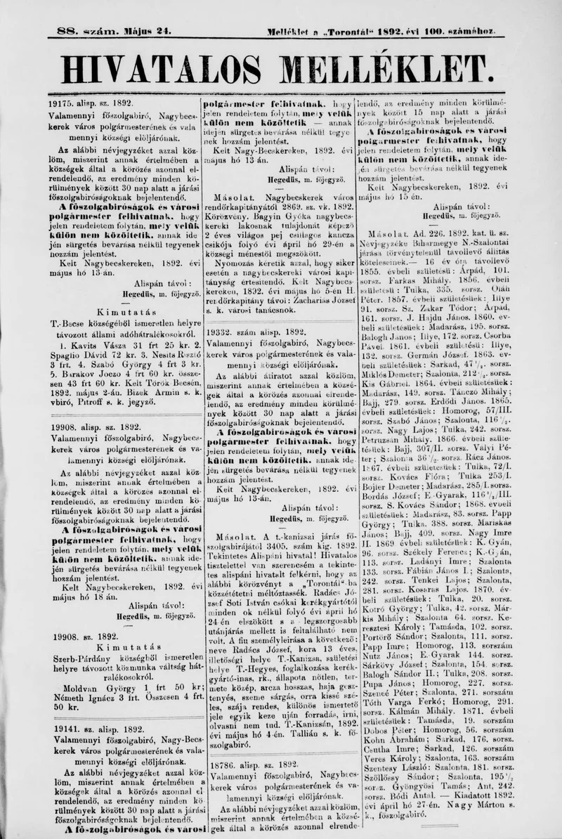 A Totontál  hivatalos melléklete, 5. évf. 1892. május 24. 88. sz.