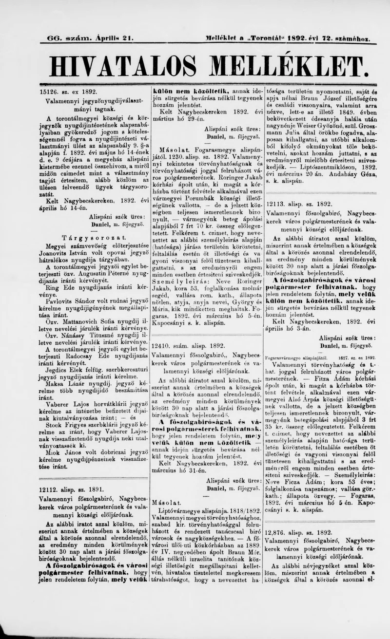 A Totontál  hivatalos melléklete, 5. évf. 1892. április 21. 66. sz.