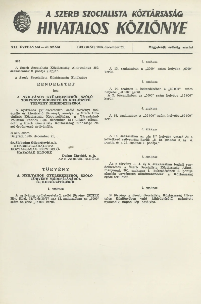 A Szerb Szocialista Köztársaság Hivatalos Közlönye, 41. évf. 1985. december 21. 48. sz.
