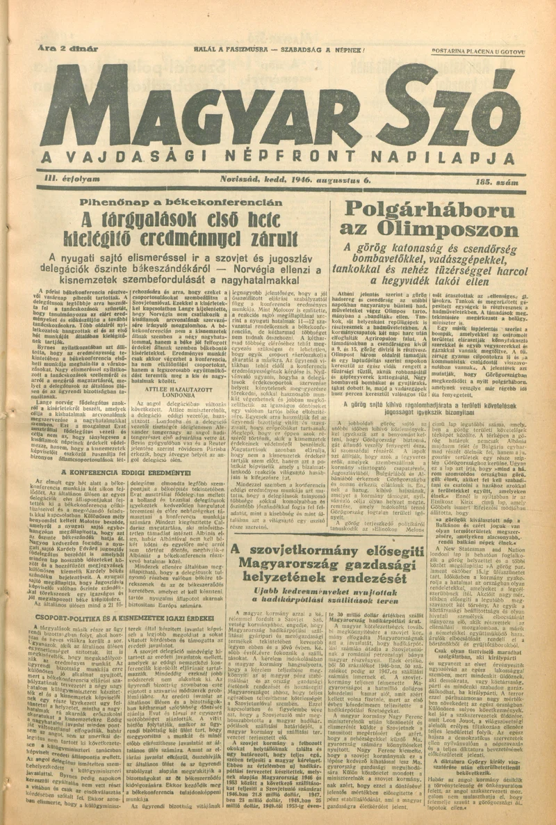 Magyar Szó, 3. évf. 1946. augusztus 6. 185. sz. 1–8. oldal