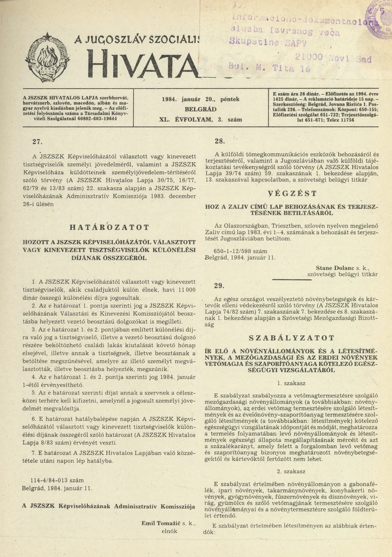 A Jugoszláv Szocialista Szövetségi Köztársaság Hivatalos Lapja, 40. évf. 1984. január 20. 3. sz. 97–128. oldal
