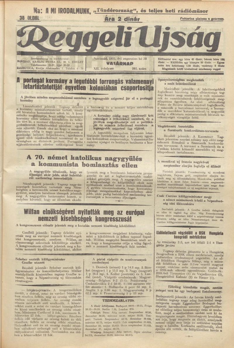 Reggeli Újság, 12. évf. 1931. augusztus 30. 202. sz.