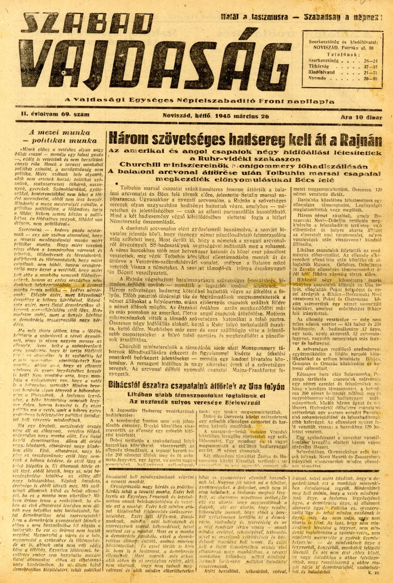 Szabad Vajdaság, 2. évf. 1945. március 26. 69. sz.