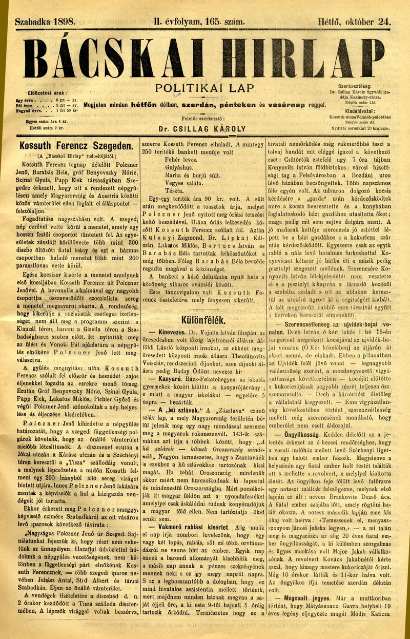 Bácskai Hirlap, 2. évf. 1898. október 24. 165. sz. 1–2. oldal