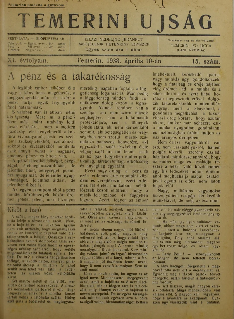 Temerini Újság 1928-1944, 11. évf. 1938. április 10. 15. sz.