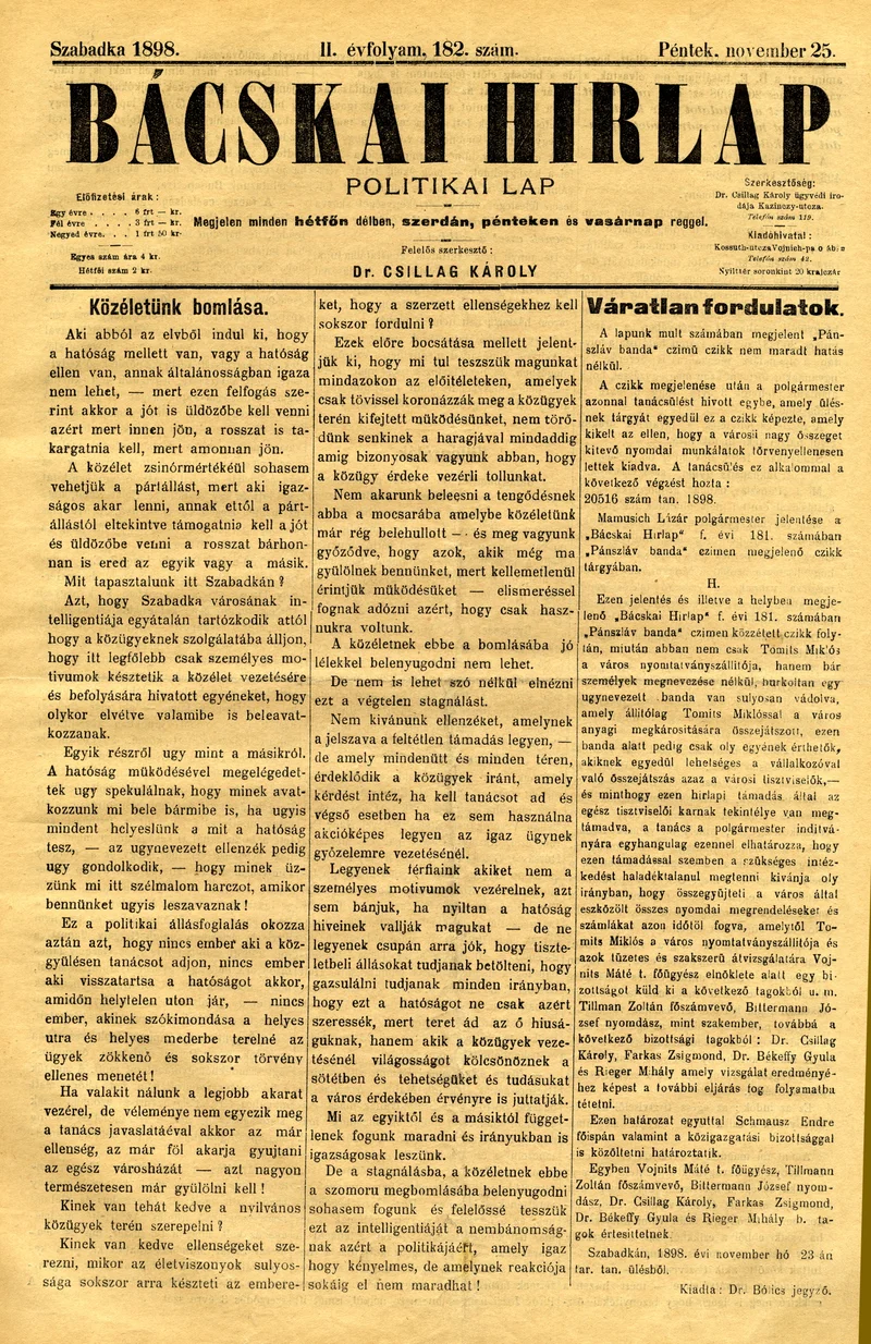 Bácskai Hirlap, 2. évf. 1898. november 25. 182. sz. 1–4. oldal