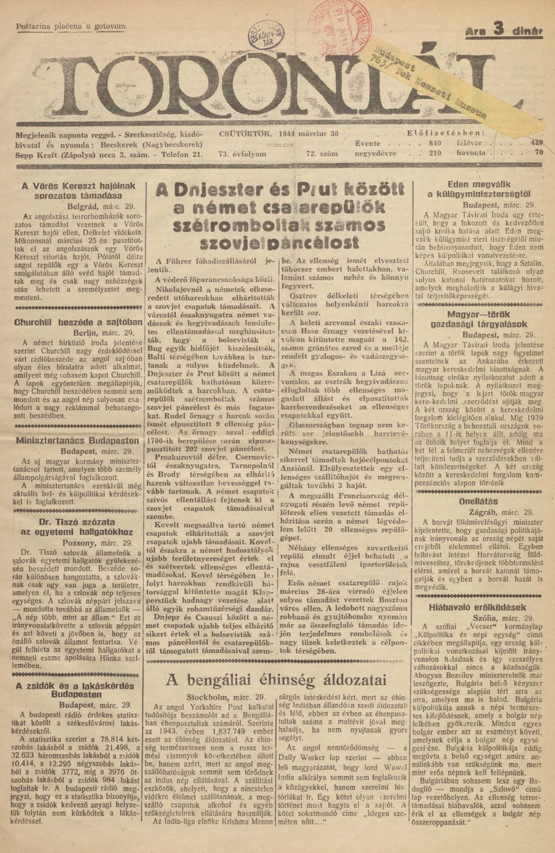 Torontál, 73. évf. 1944. március 30. 72. sz.