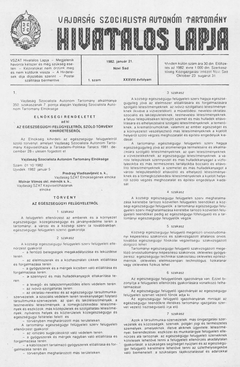 Vajdaság Szocialista Autonóm Tartomány Hivatalos Lapja, 38. évf. 1982. január 21. 1. sz.