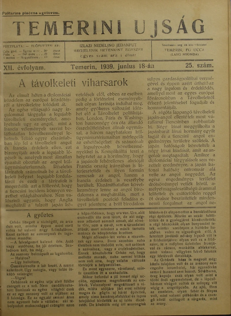 Temerini Újság 1928-1944, 12. évf. 1939. június 18. 25. sz.