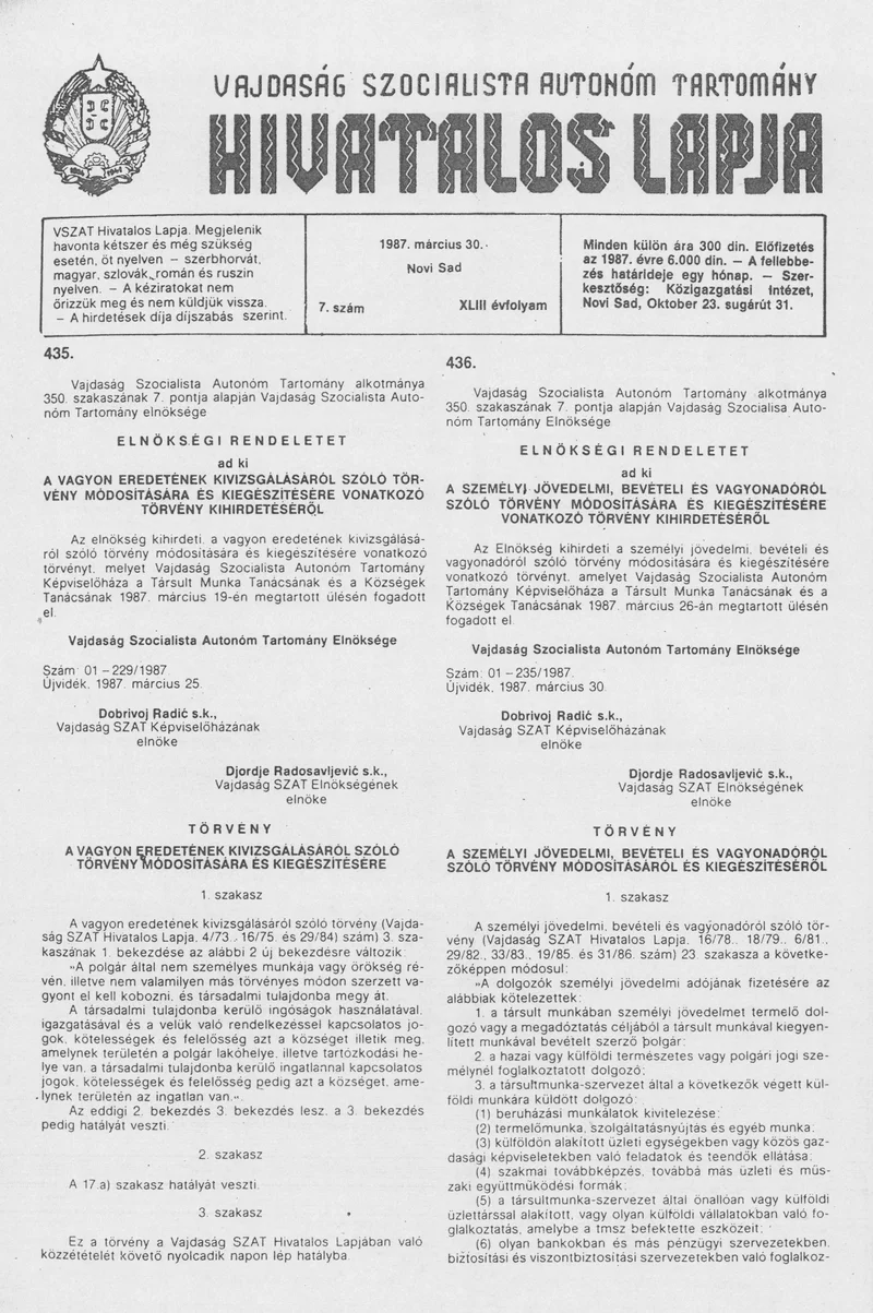 Vajdaság Szocialista Autonóm Tartomány Hivatalos Lapja, 43. évf. 1987. március 30. 7. sz.