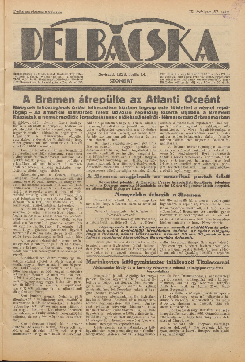 Délbácska, 9. évf. 1928. április 14. 87. sz.
