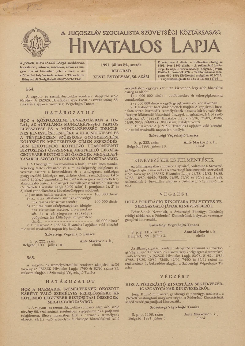 A Jugoszláv Szocialista Szövetségi Köztársaság Hivatalos Lapja, 47. évf. 1991. július 24. 56. sz. 869–872. oldal