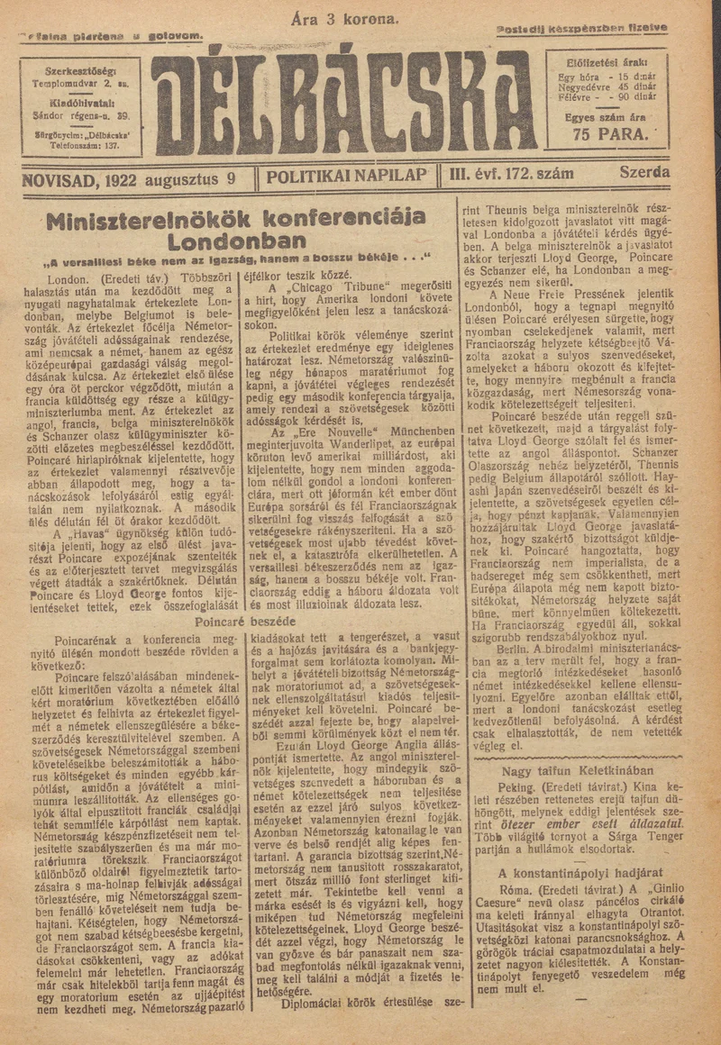 Délbácska, 3. évf. 1922. augusztus 9. 172. sz.