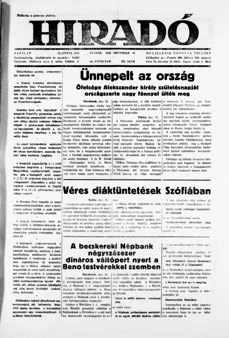 Híradó, 60. évf. 1931. december 19. 292. sz.