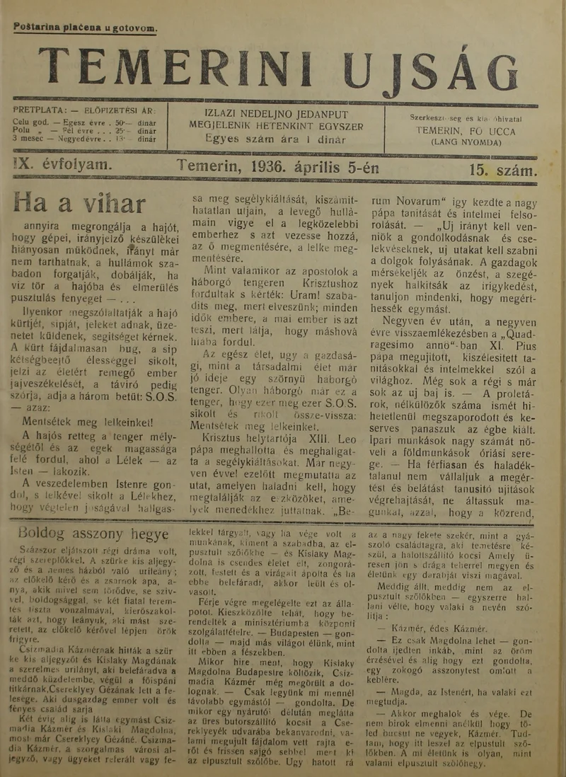 Temerini Újság 1928-1944, 9. évf. 1936. április 5. 15. sz.