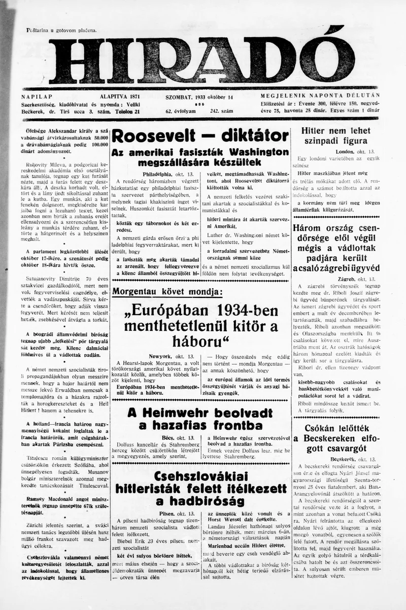 Híradó, 62. évf. 1933. október 14. 242. sz.