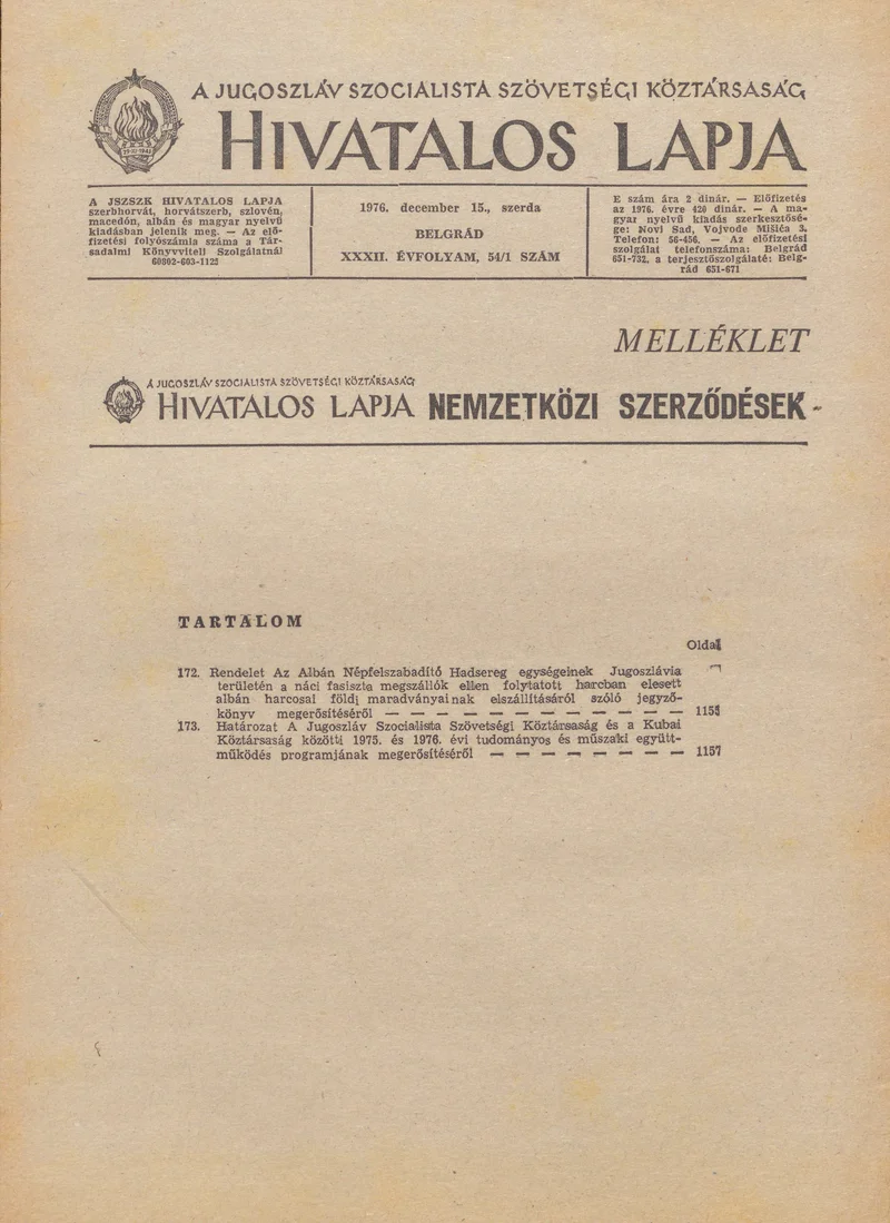 A Jugoszláv Szocialista Szövetségi Köztársaság Hivatalos Lapja, 32. évf. 1976. december 15. 54. sz.