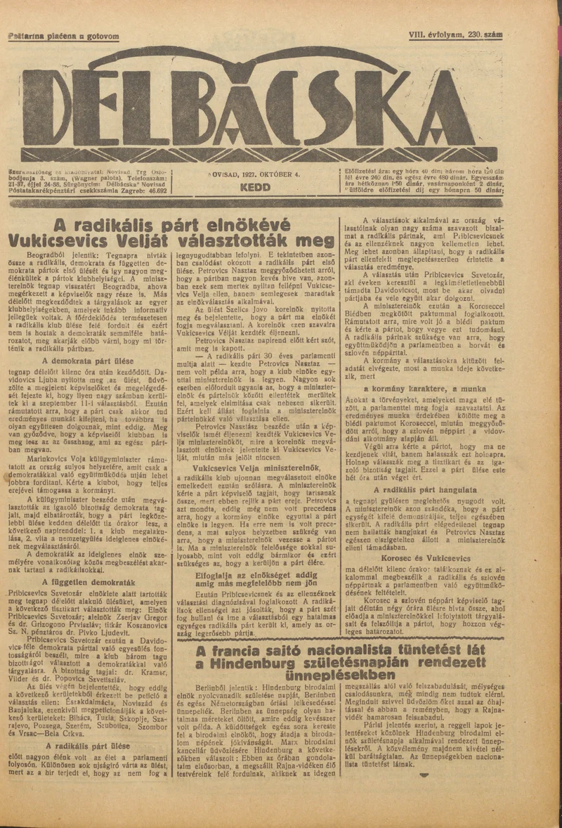 Délbácska, 8. évf. 1927. október 4. 230. sz.