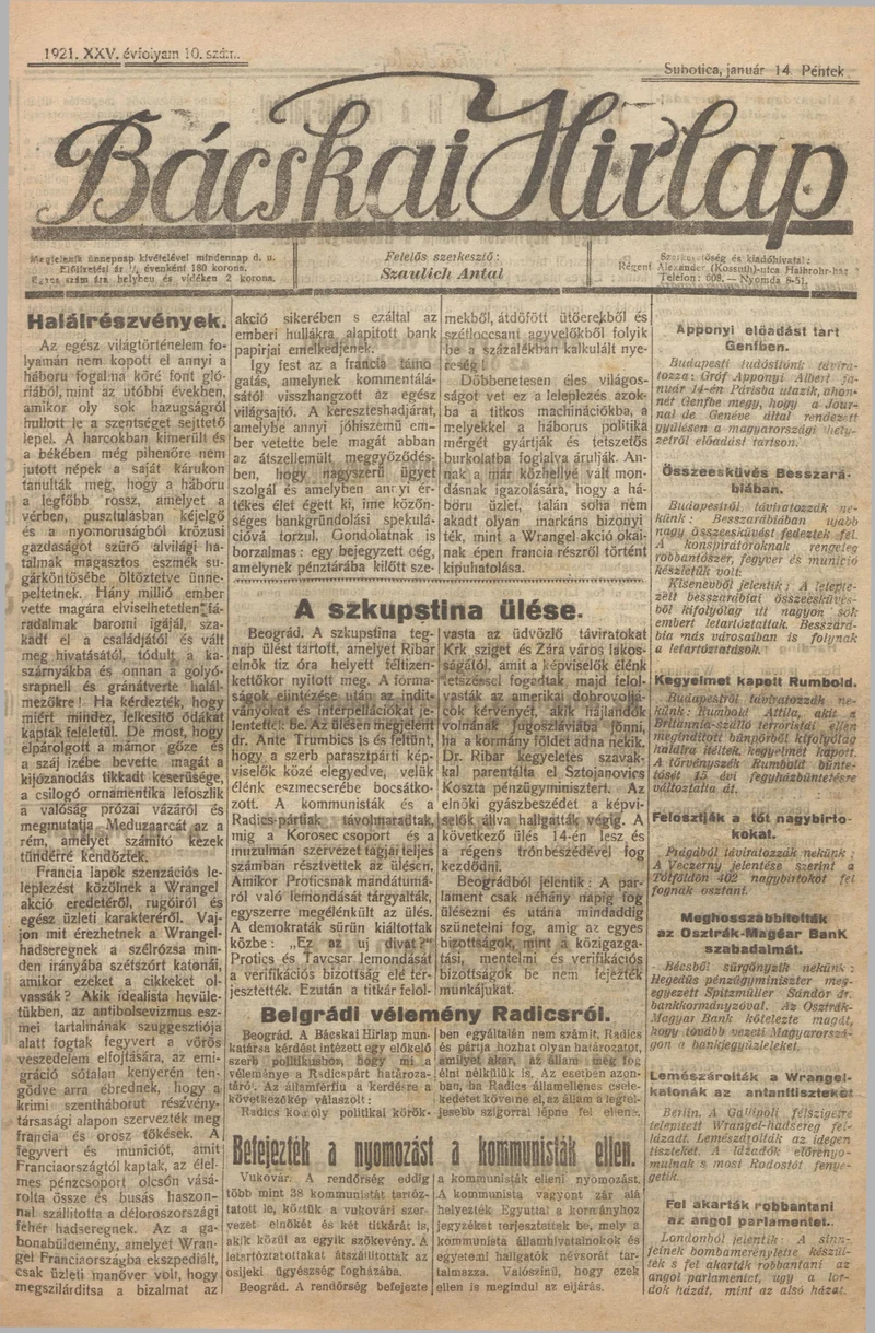 Bácskai Hirlap, 25. évf. 1921. január 14. 10. sz.