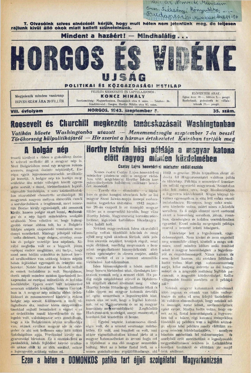 Horgos és vidéke, 8. évf. 1943. szeptember 5. 35. sz.