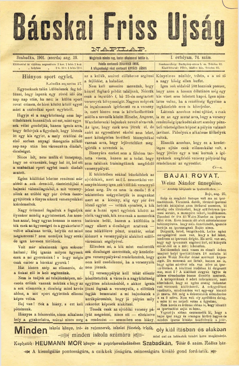 Bácskai Friss Ujság, 1. évf. 1901. augusztus 28. 74. sz.