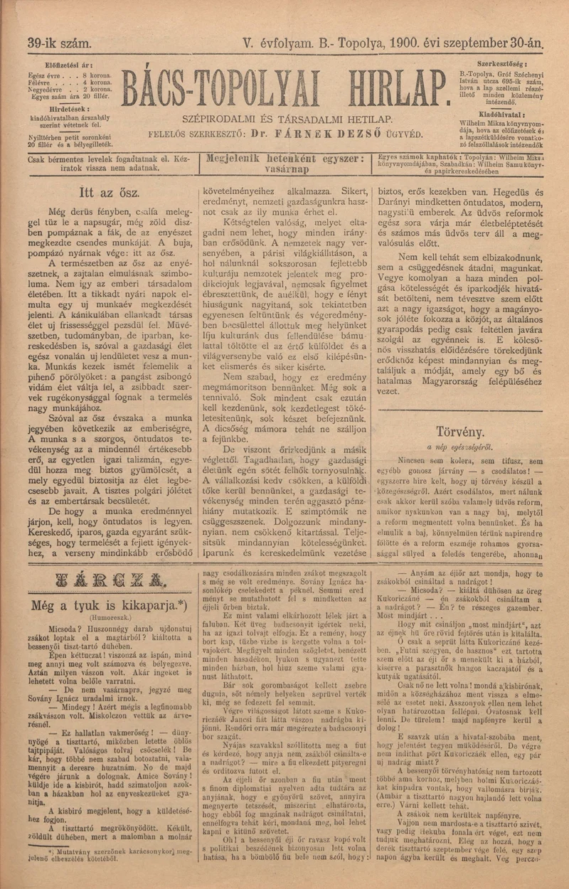 Bács-Topolyai Hirlap, 5. évf. 1900. szeptember 30. 39. sz.