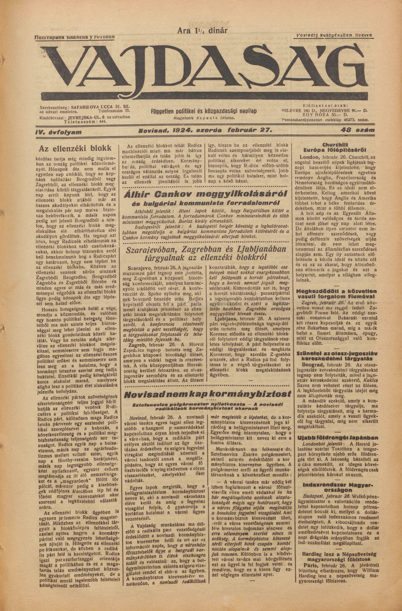 Vajdaság, 4. évf. 1924. február 27. 48. sz.