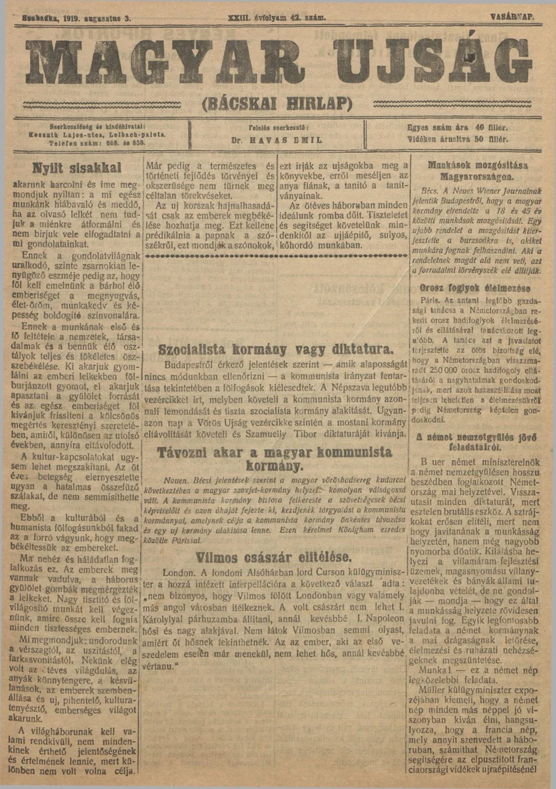 Bácskai Hirlap, 23. évf. 1919. augusztus 3. 42. sz.
