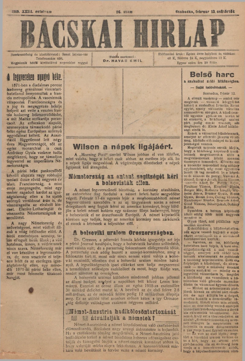Bácskai Hirlap, 23. évf. 1919. február 13. 36. sz.
