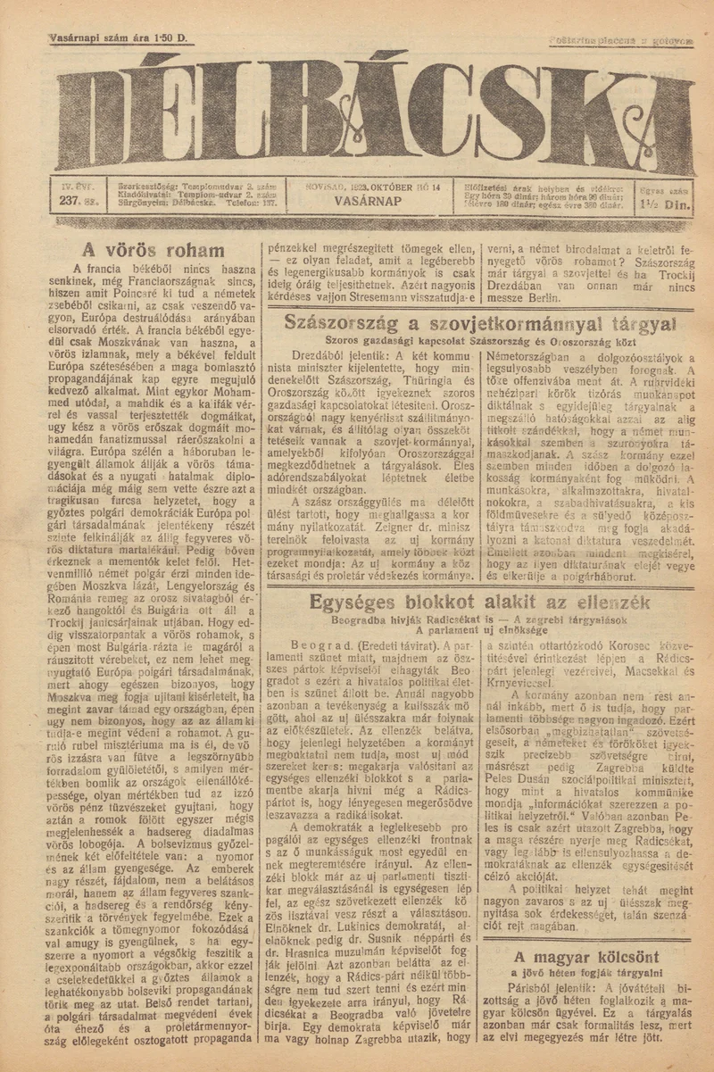 Délbácska, 4. évf. 1923. október 14. 237. sz.