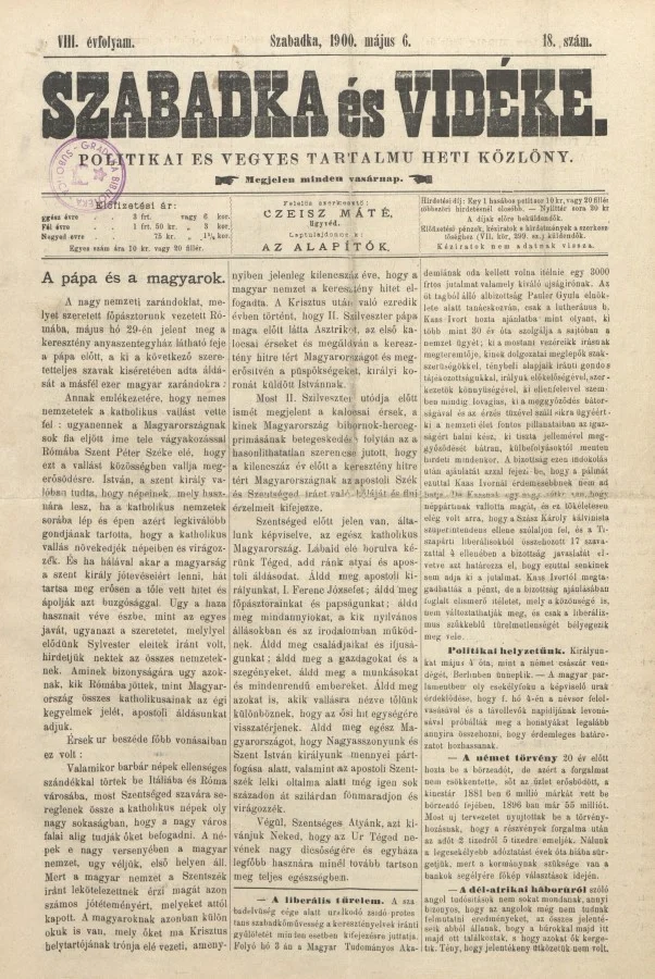 Szabadka és vidéke II, 8. évf. 1900. május 6. 18. sz.