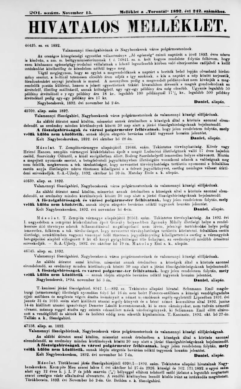 A Totontál  hivatalos melléklete, 5. évf. 1892. november 15. 201. sz.