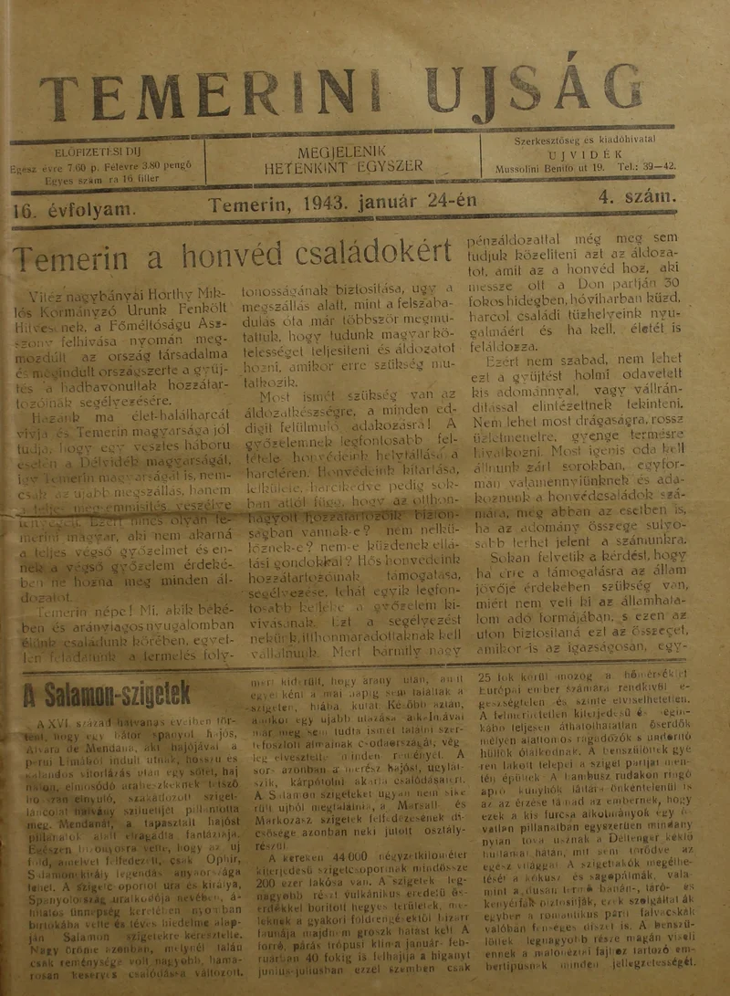 Temerini Újság 1928-1944, 16. évf. 1943. január 24. 4. sz.