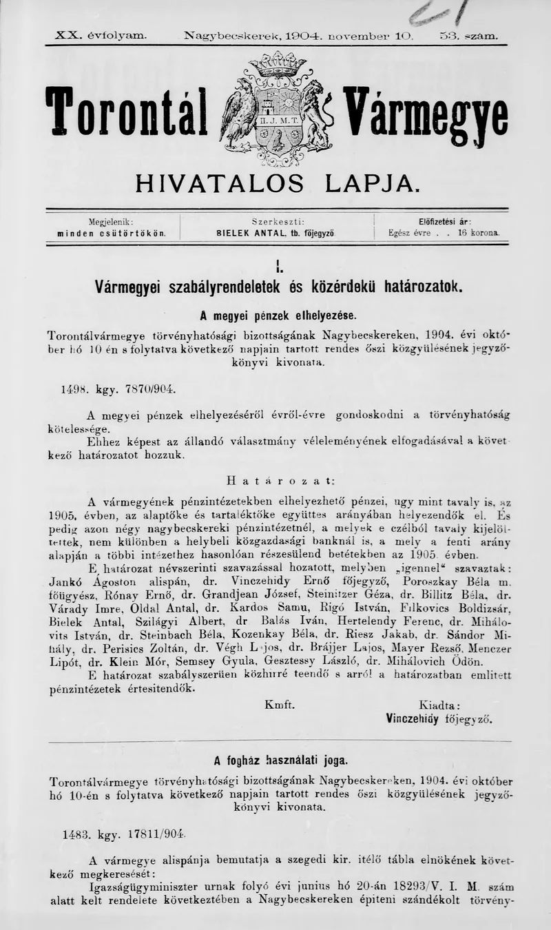 Torontál Vármegye Hivatalos Lapja, 20. évf. 1904. november 10. 53. sz.
