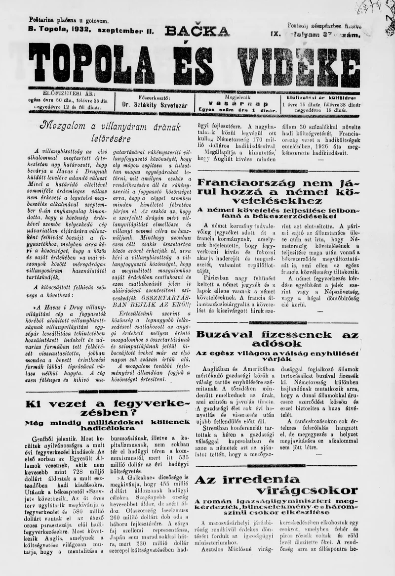 Bačka Topola és Vidéke 1932. szeptember 11. 37. sz.