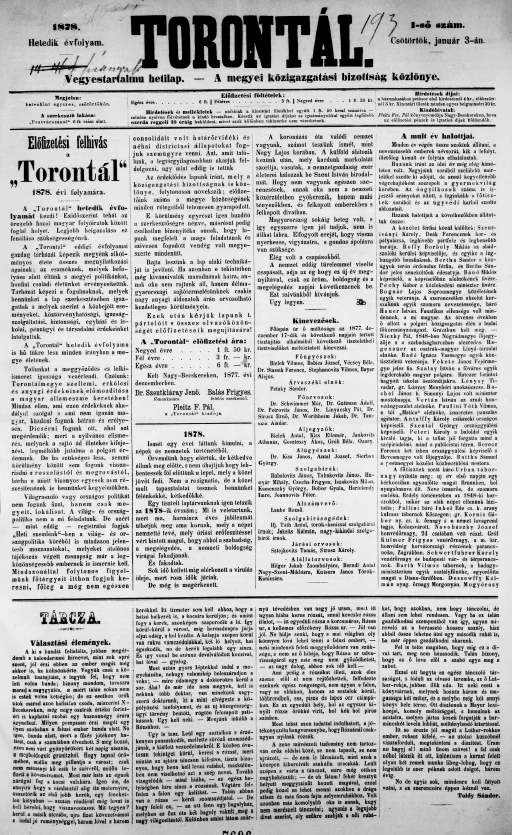 Torontál, 7. évf. 1878. január 3. 1. sz.
