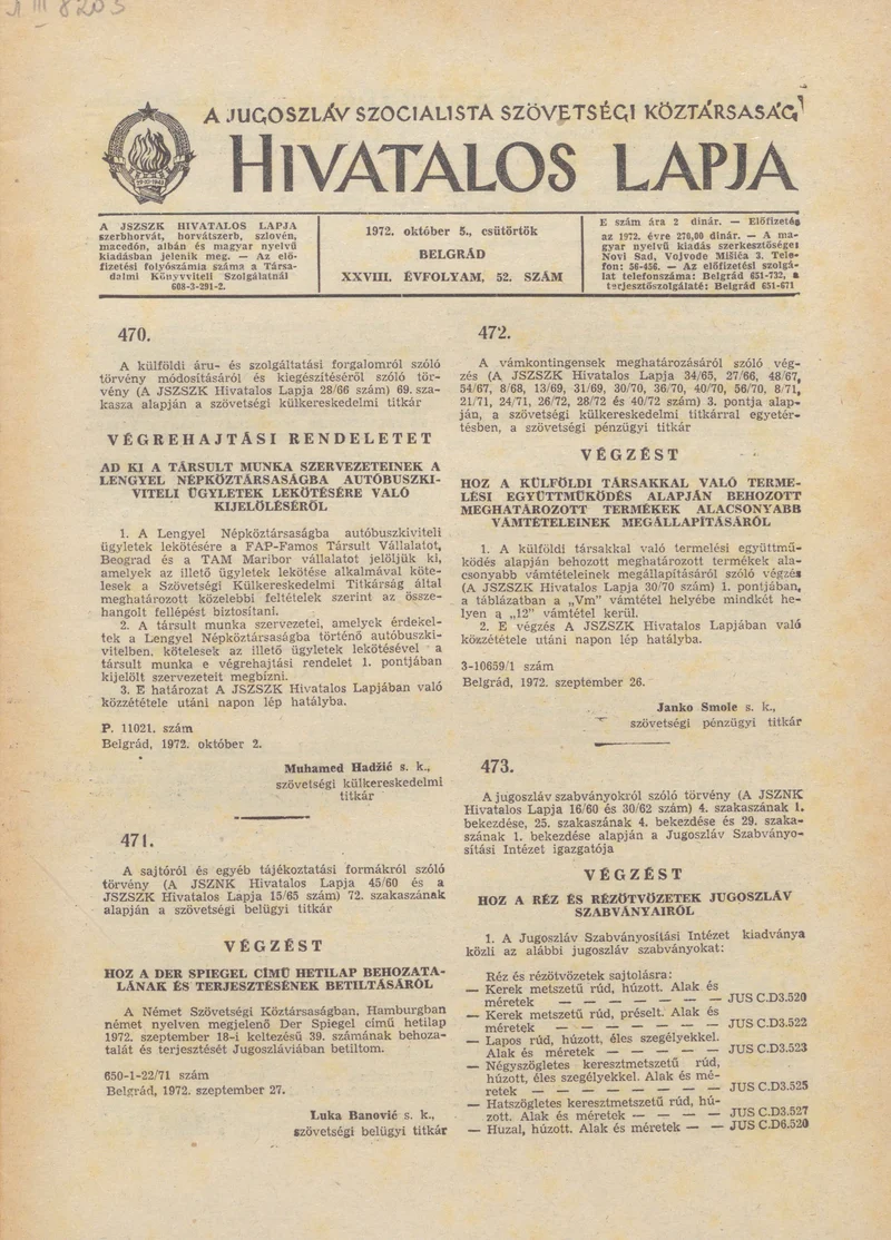 A Jugoszláv Szocialista Szövetségi Köztársaság Hivatalos Lapja, 28. évf. 1972. október 5. 52. sz. 993–1000. oldal