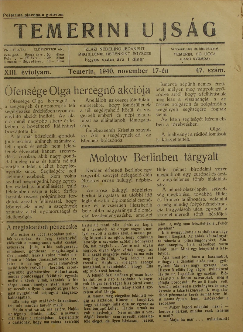 Temerini Újság 1928-1944, 13. évf. 1940. november 17. 47. sz.