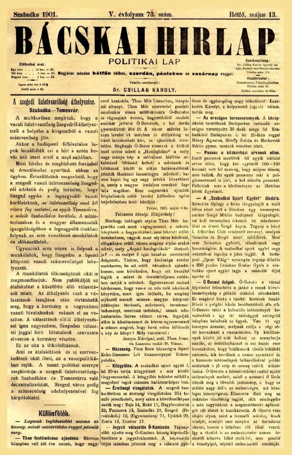 Bácskai Hirlap, 5. évf. 1901. május 13. 73. sz.