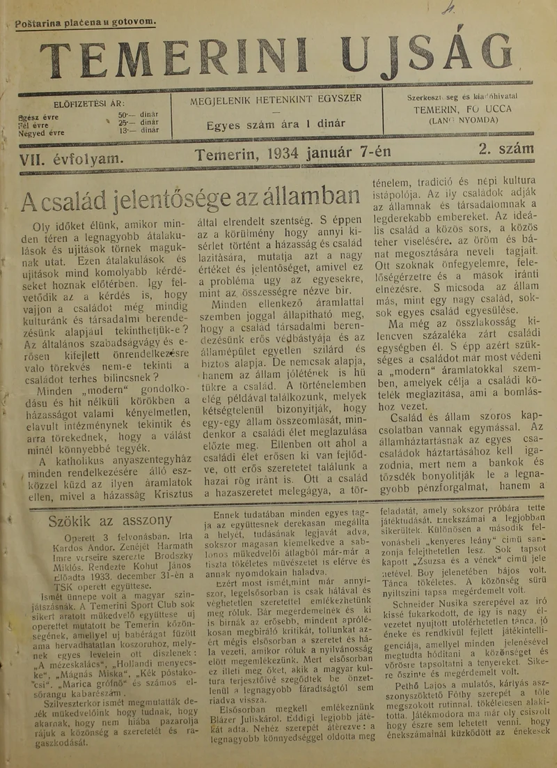 Temerini Újság 1928-1944, 7. évf. 1934. január 7. 2. sz.