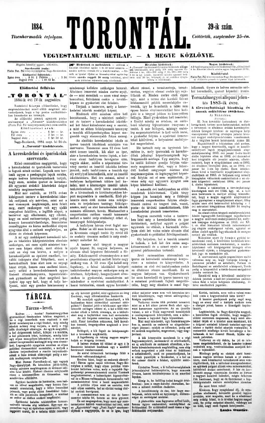 Torontál, 13. évf. 1884. szeptember 25. 39. sz.