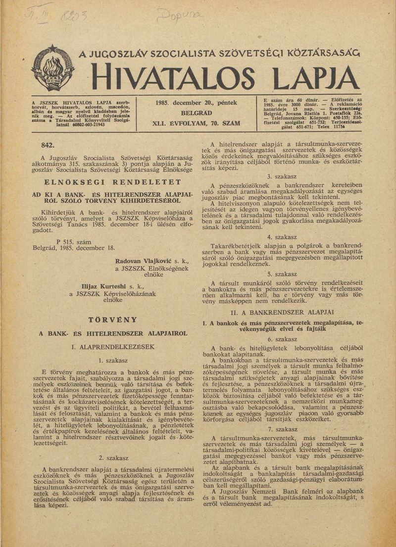 A Jugoszláv Szocialista Szövetségi Köztársaság Hivatalos Lapja, 41. évf. 1985. december 20. 70. sz. 1937–1968. oldal