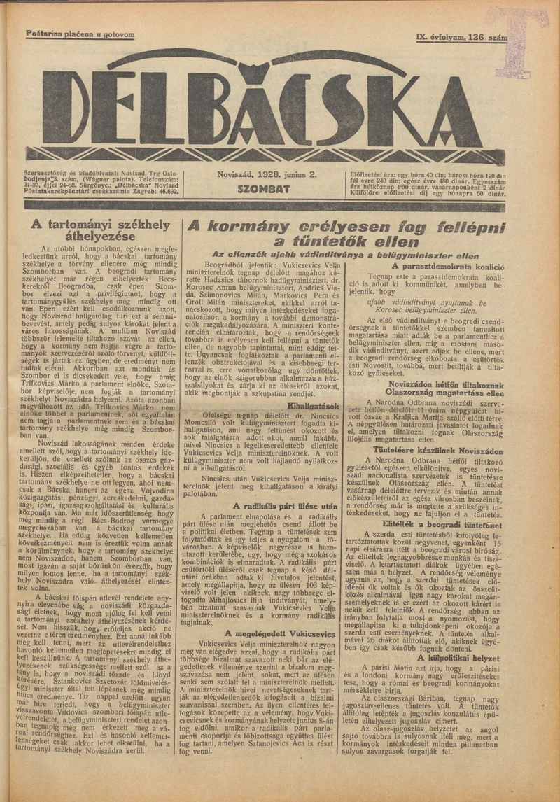 Délbácska, 9. évf. 1928. június 2. 126. sz.