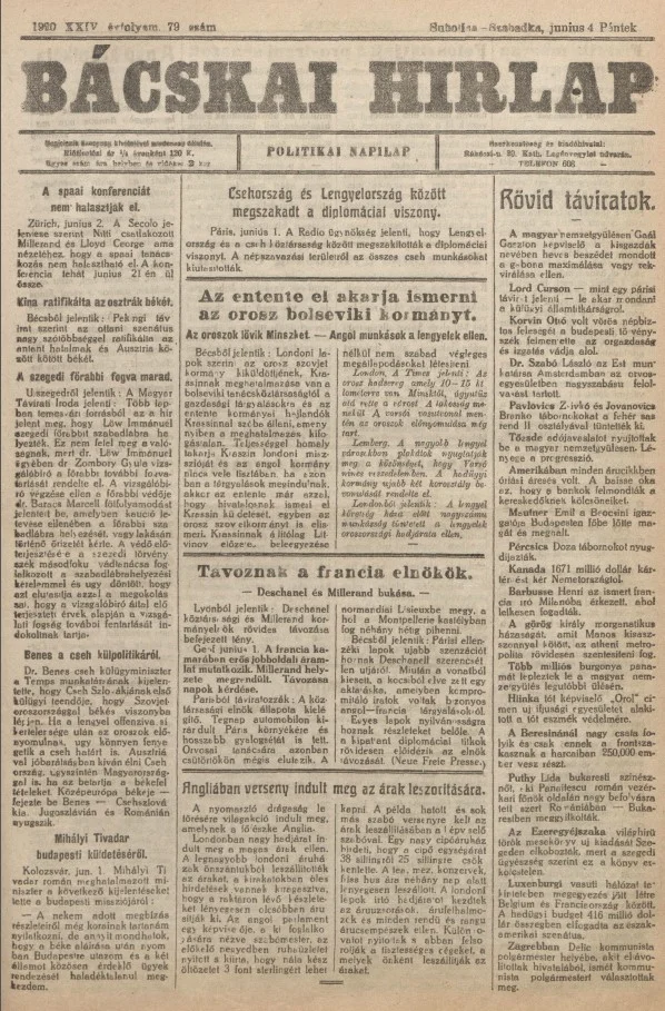 Bácskai Hirlap, 24. évf. 1920. június 4. 79. sz.