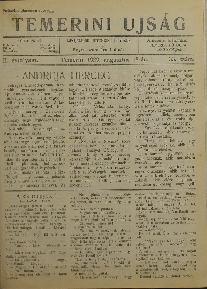 Temerini Újság 1928-1944, 2. évf. 1929. augusztus 18. 33. sz.
