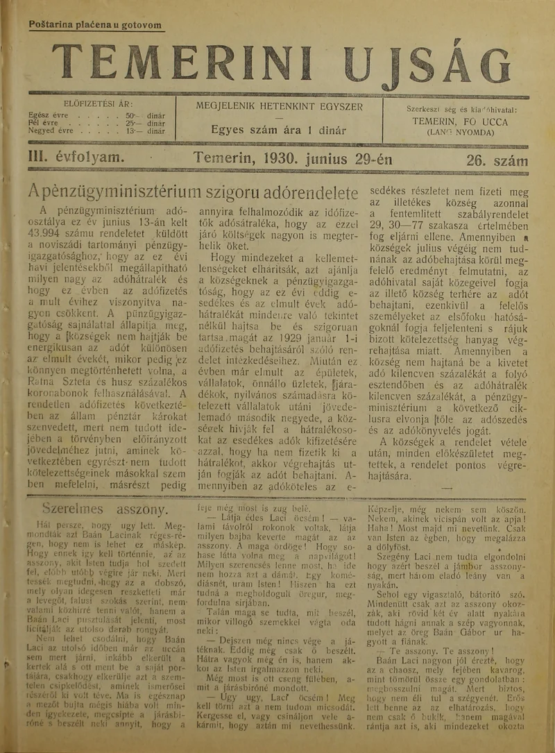 Temerini Újság 1928-1944, 3. évf. 1930. június 29. 26. sz.
