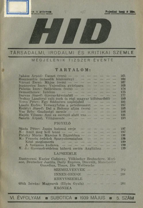 Híd, 6. évf. 1939. május. 5. sz. 161–208. oldal