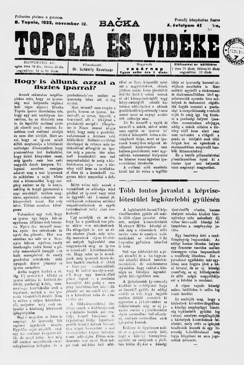 Bačka Topola és Vidéke, 10. évf. 1933. november 12. 46. sz.