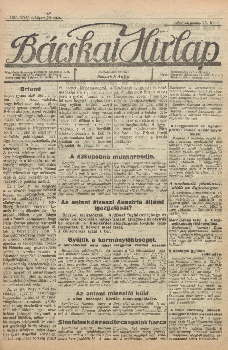 Bácskai Hirlap, 25. évf. 1921. január 25. 20. sz.