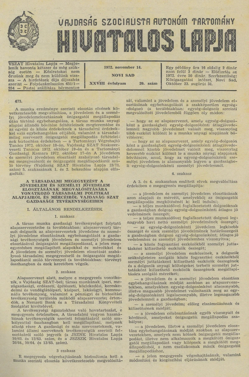 Vajdaság Szocialista Autonóm Tartomány Hivatalos Lapja, 28. évf. 1972. november 14. 20. sz. 689–704. oldal
